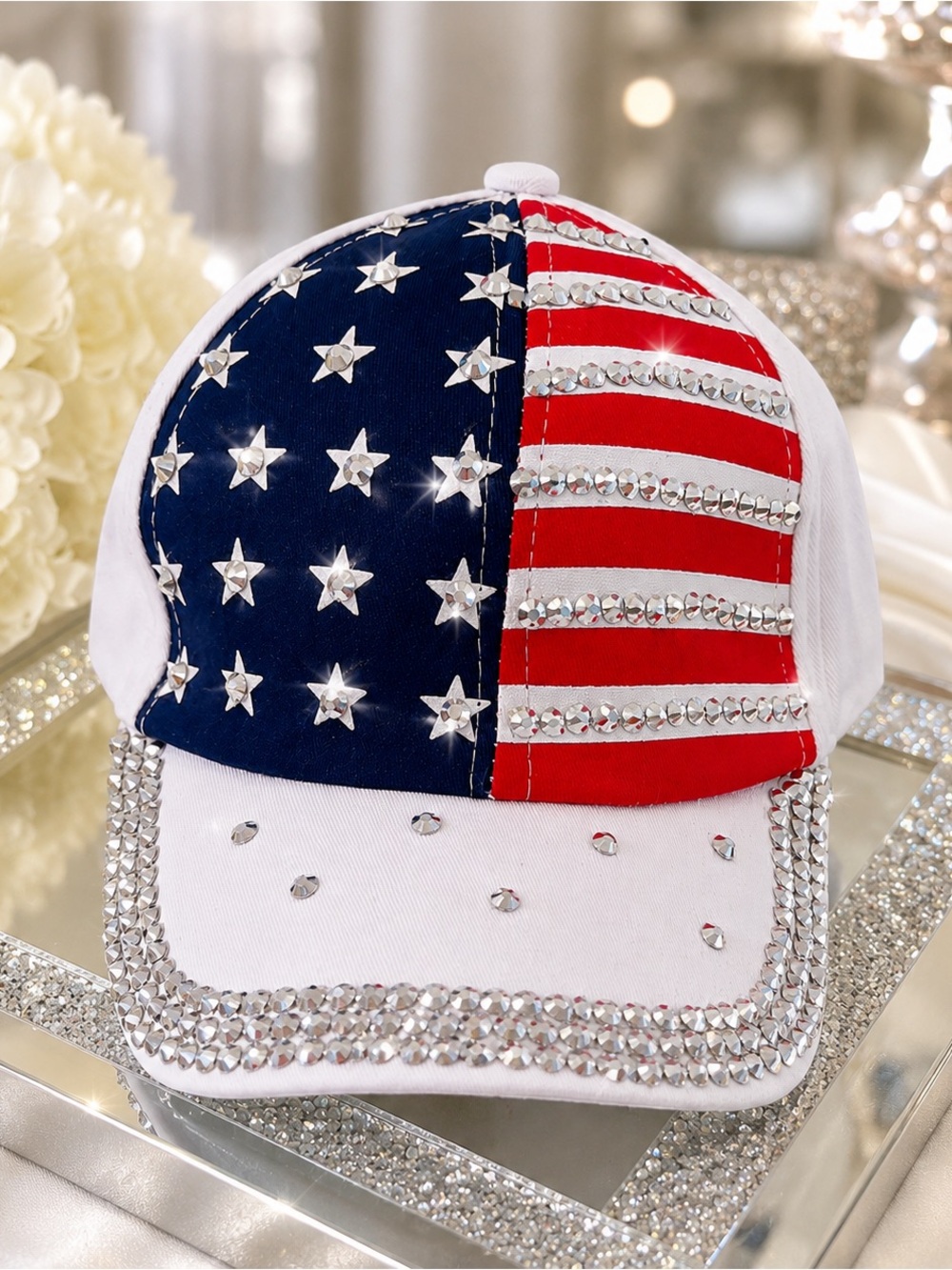 NEW Patriotic Rhinestone Bling Cap • USA Flag Baseball Hat • Adjustable Fit